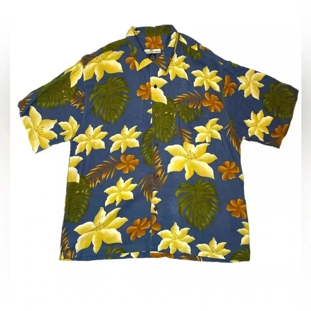 S&D Bahamas Hawaiian Shirt Mens 2XL Blue Yellow Floral Button Up Short Sleeves